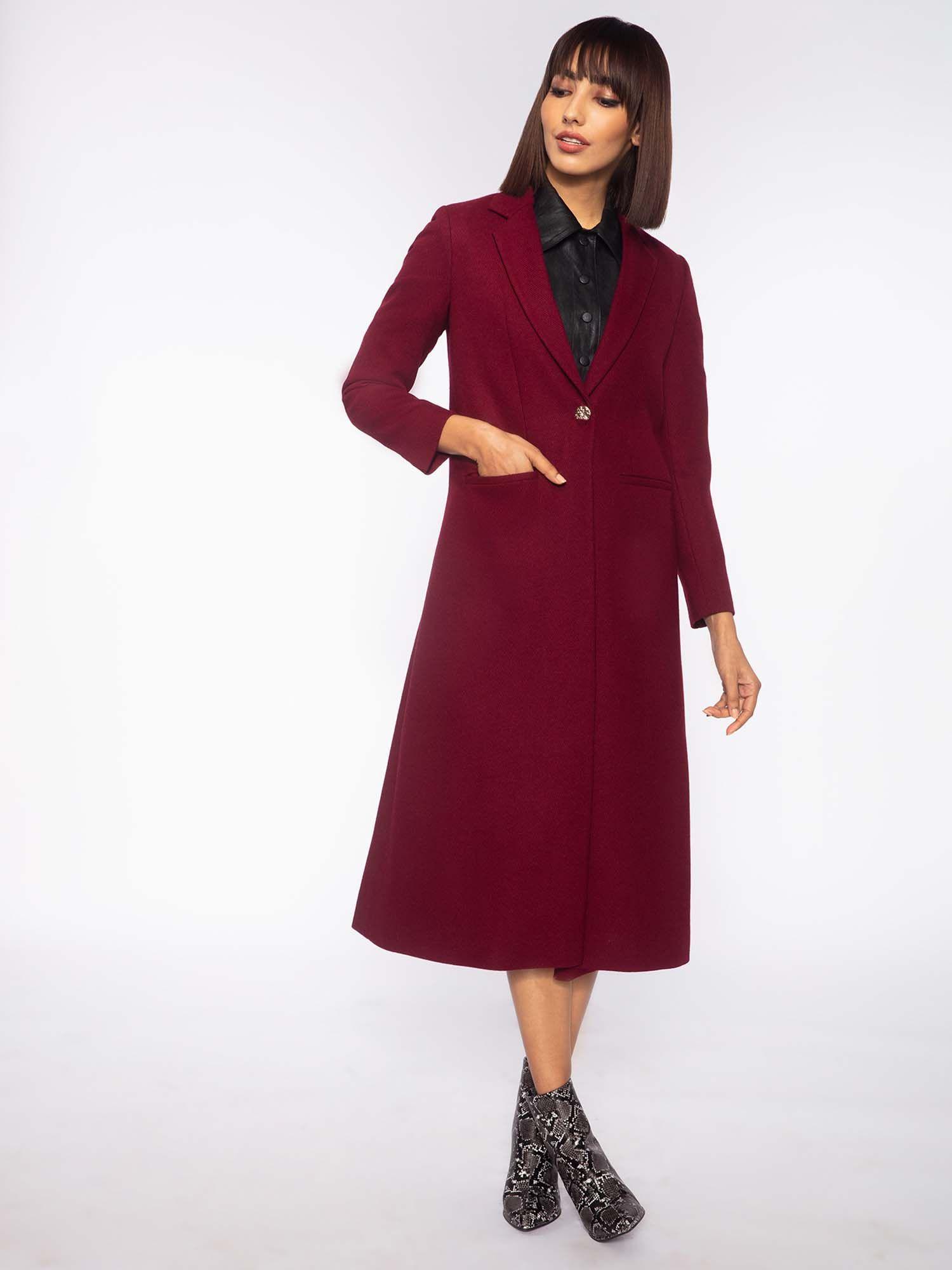 maroon solid notched lapel coat