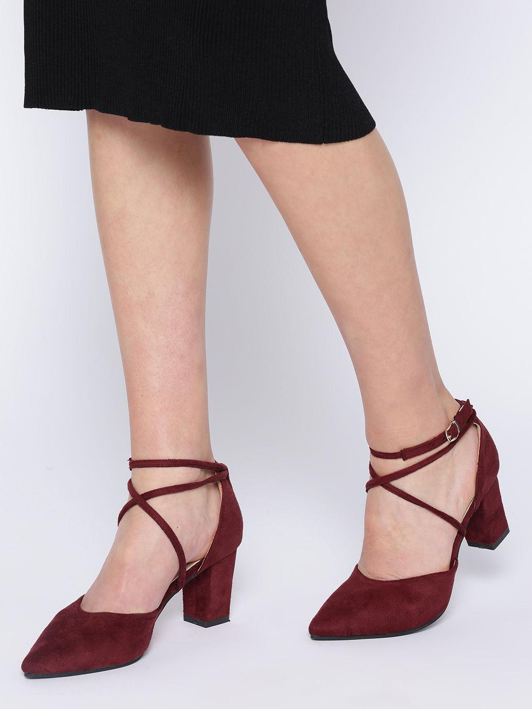 maroon solid pointed toe tie up ankle strap block heels