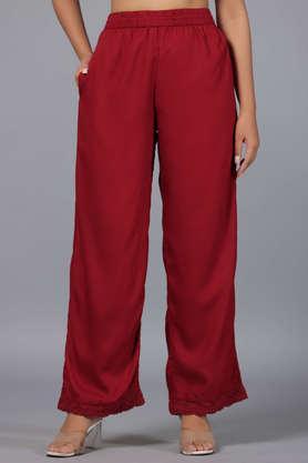 maroon solid rayon lacy palazzo with partially elasticated waistband - maroon