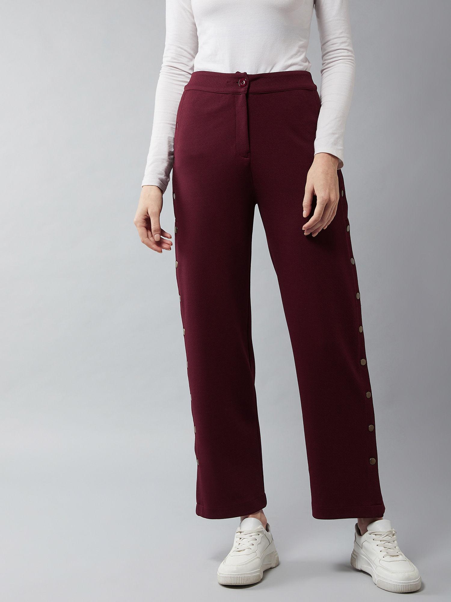 maroon solid regular fit flared trouser
