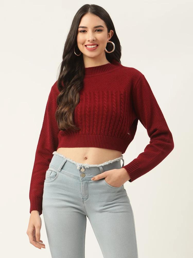 maroon solid round neck sweater