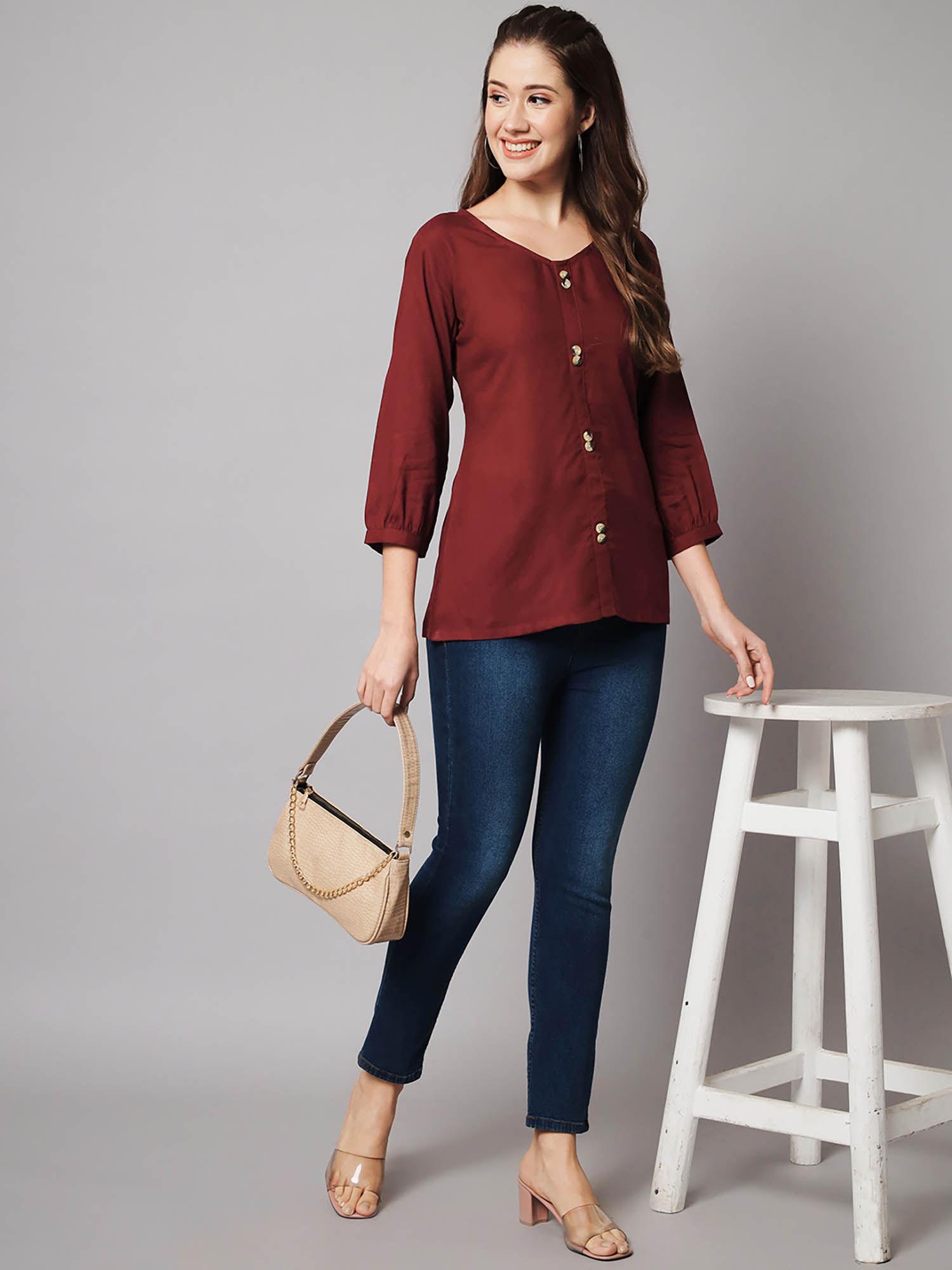 maroon solid round neck three fourth sleeves top
