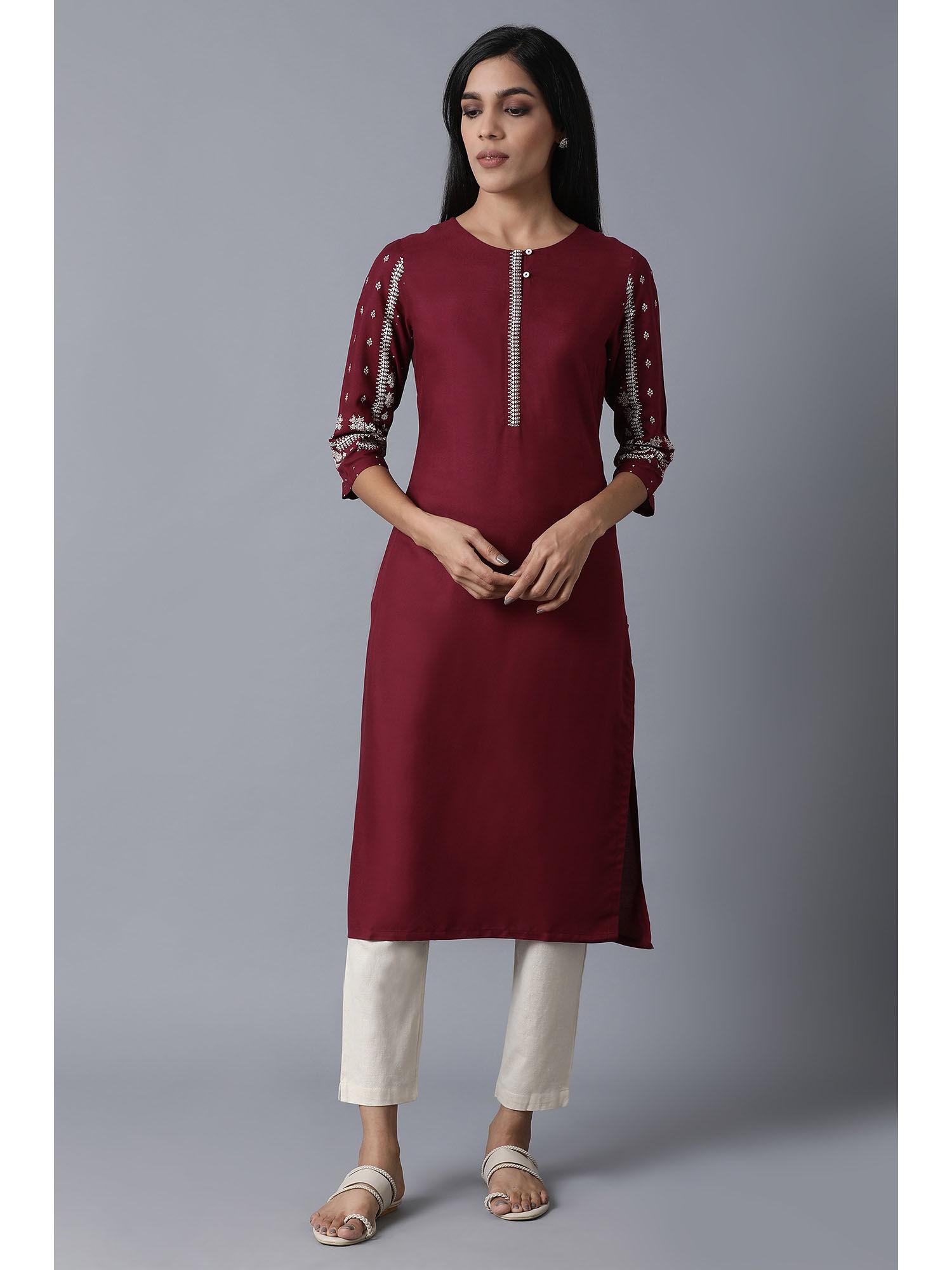 maroon solid round neck viscose kurta