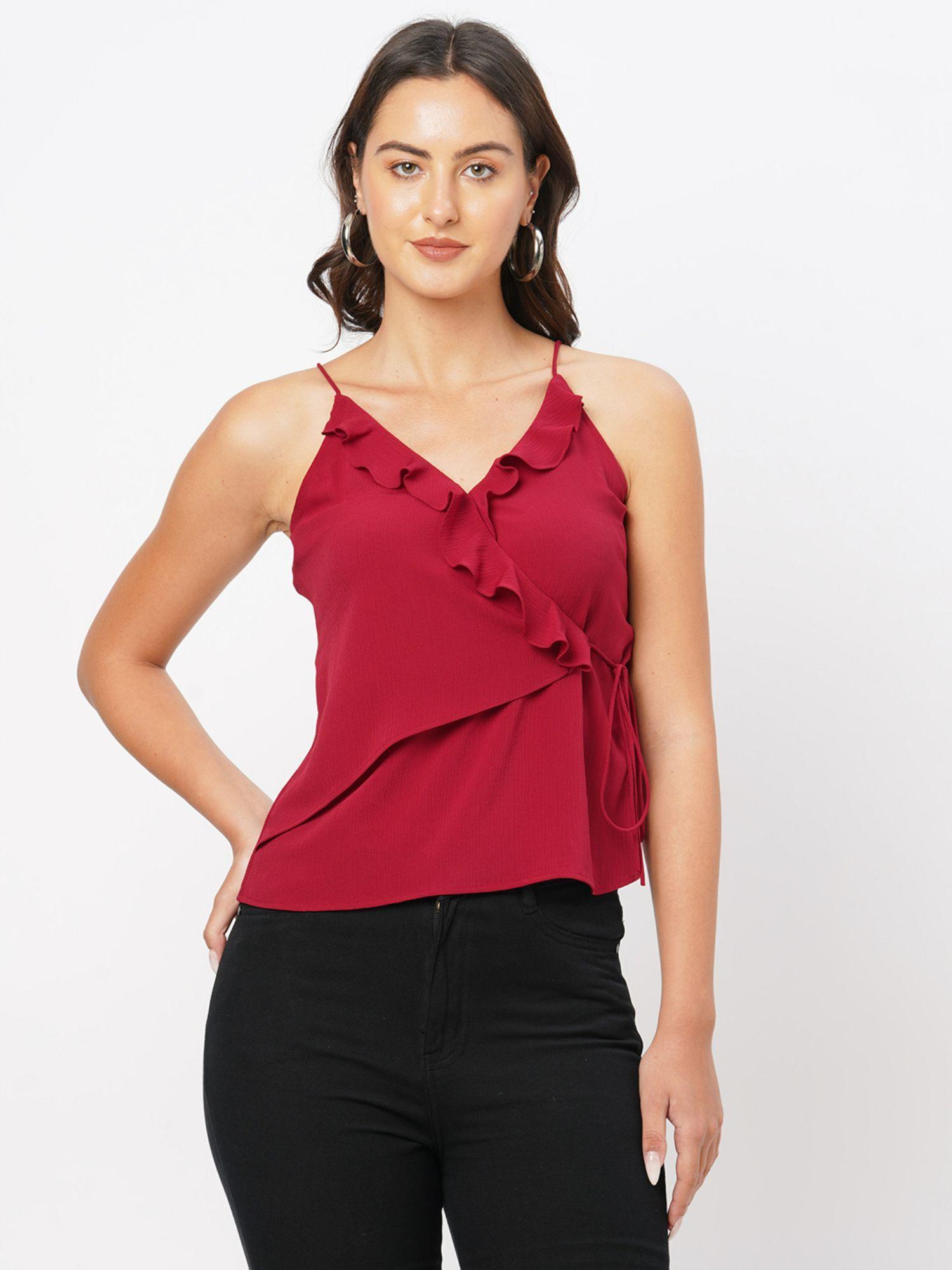 maroon solid ruffle wrap top