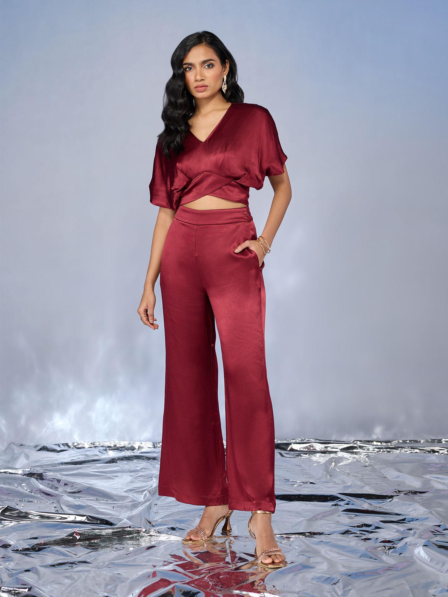 maroon solid satin flared pant co-ord (set of 2)