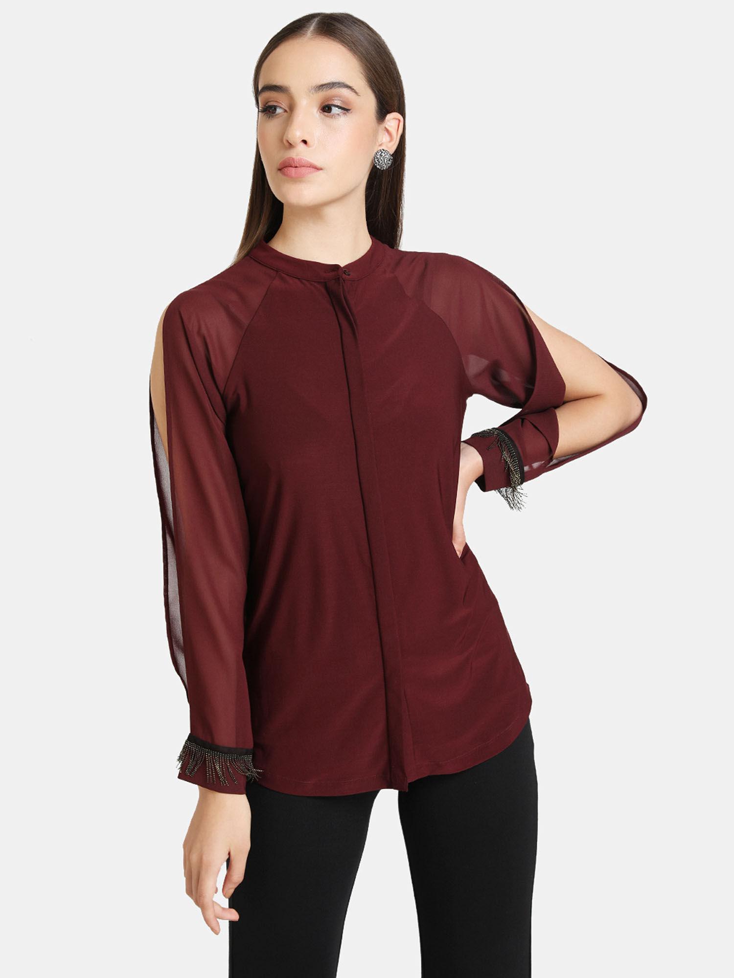 maroon solid shirt with fringe embellieshed cuff