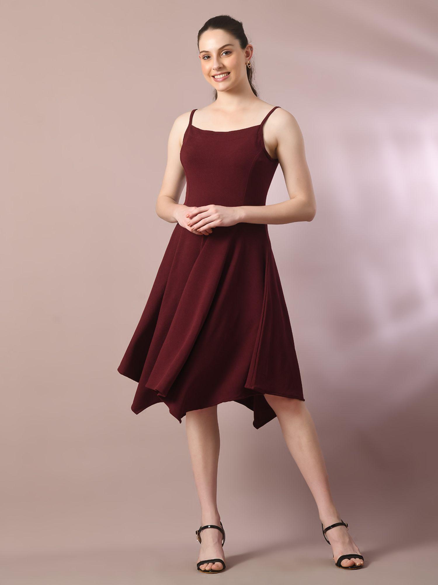 maroon solid shoulder straps fit and flare party dress