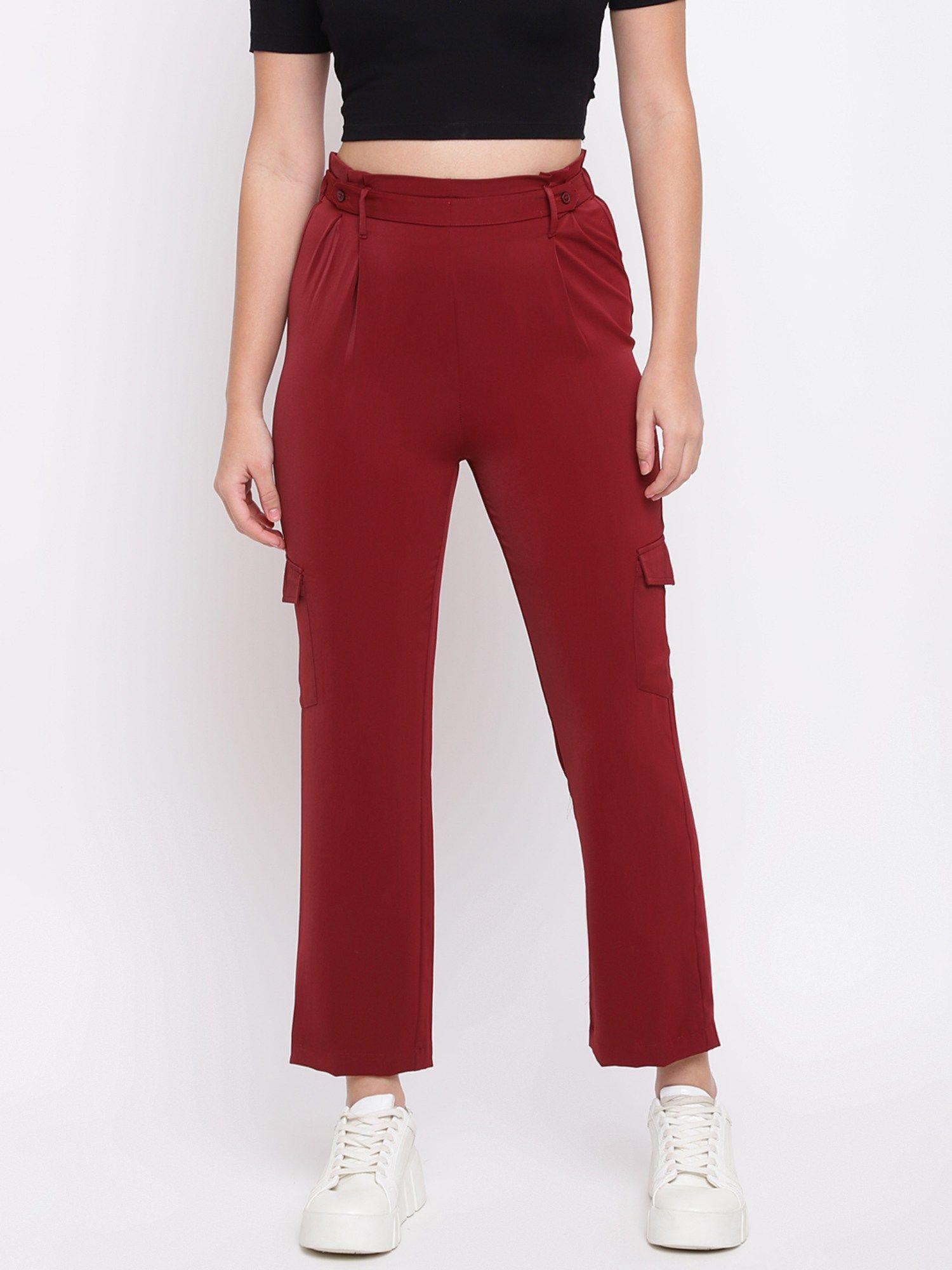 maroon solid straight pant with belt