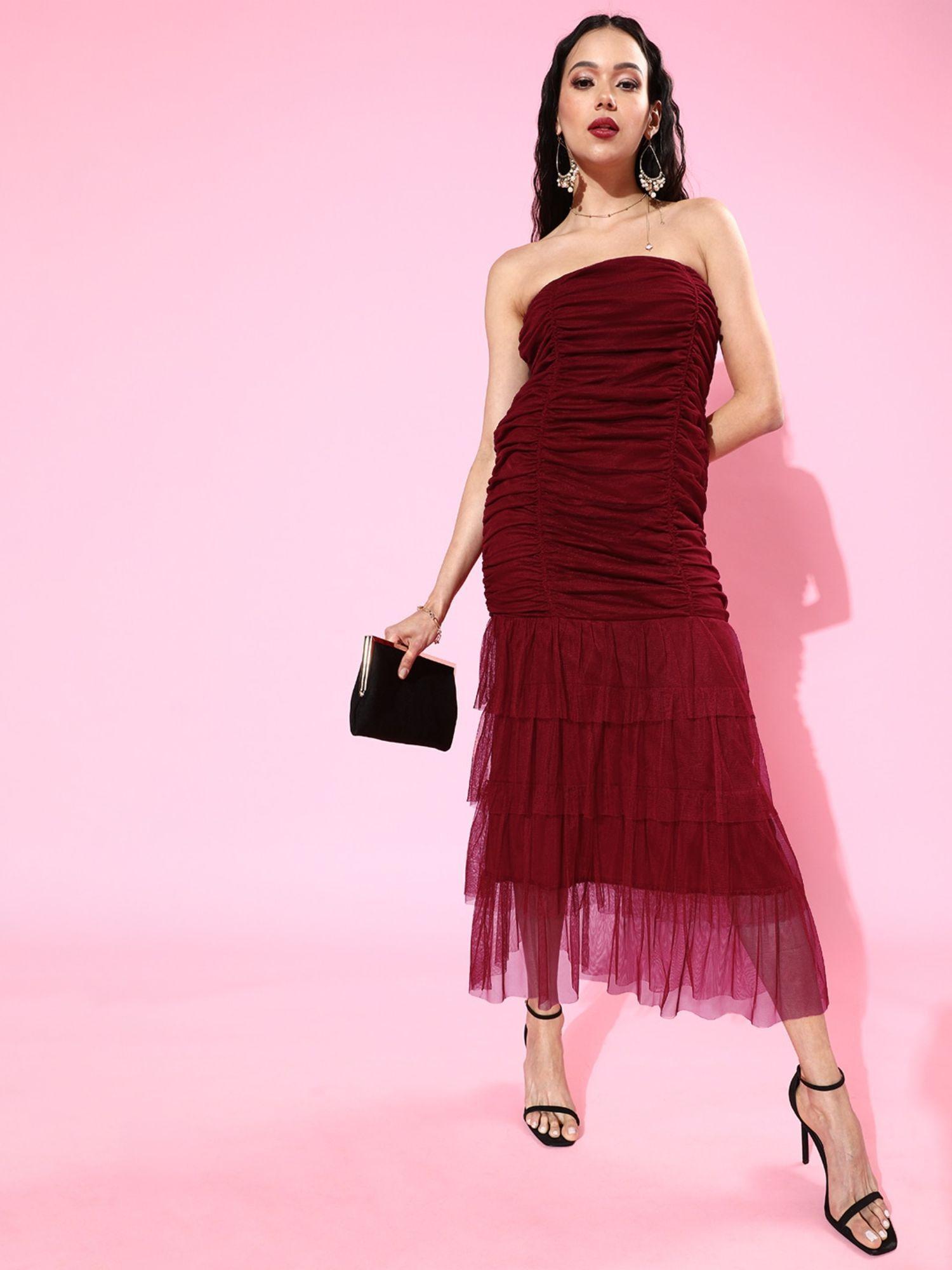 maroon solid strapless tulle ruched maxi dress