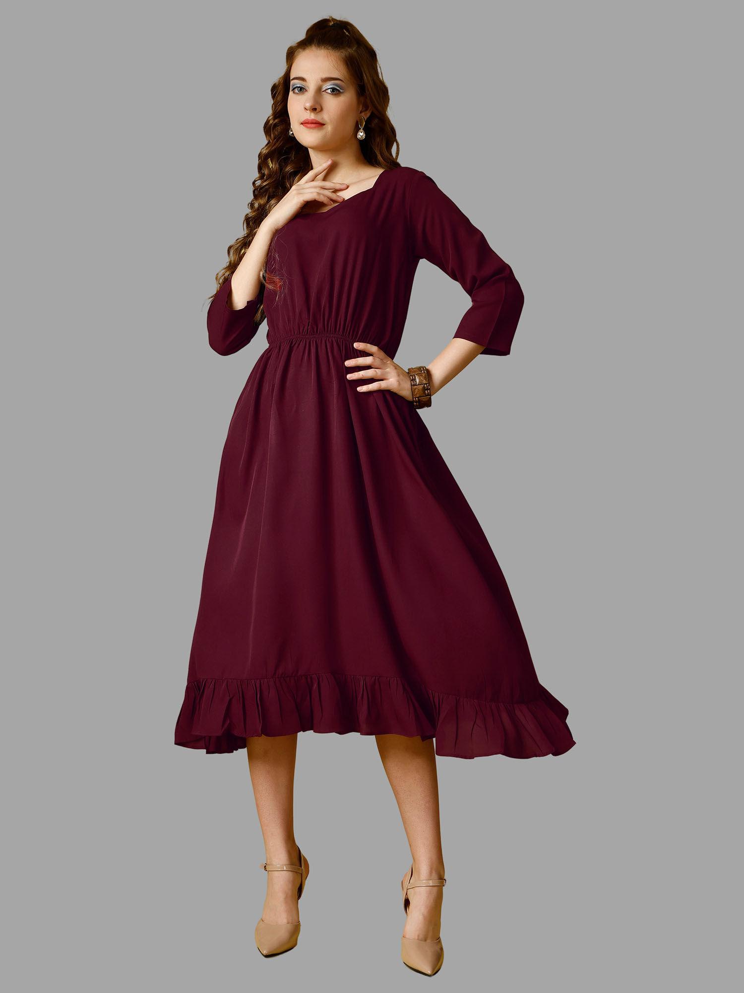 maroon solid three fourth sleeves midi dress for women