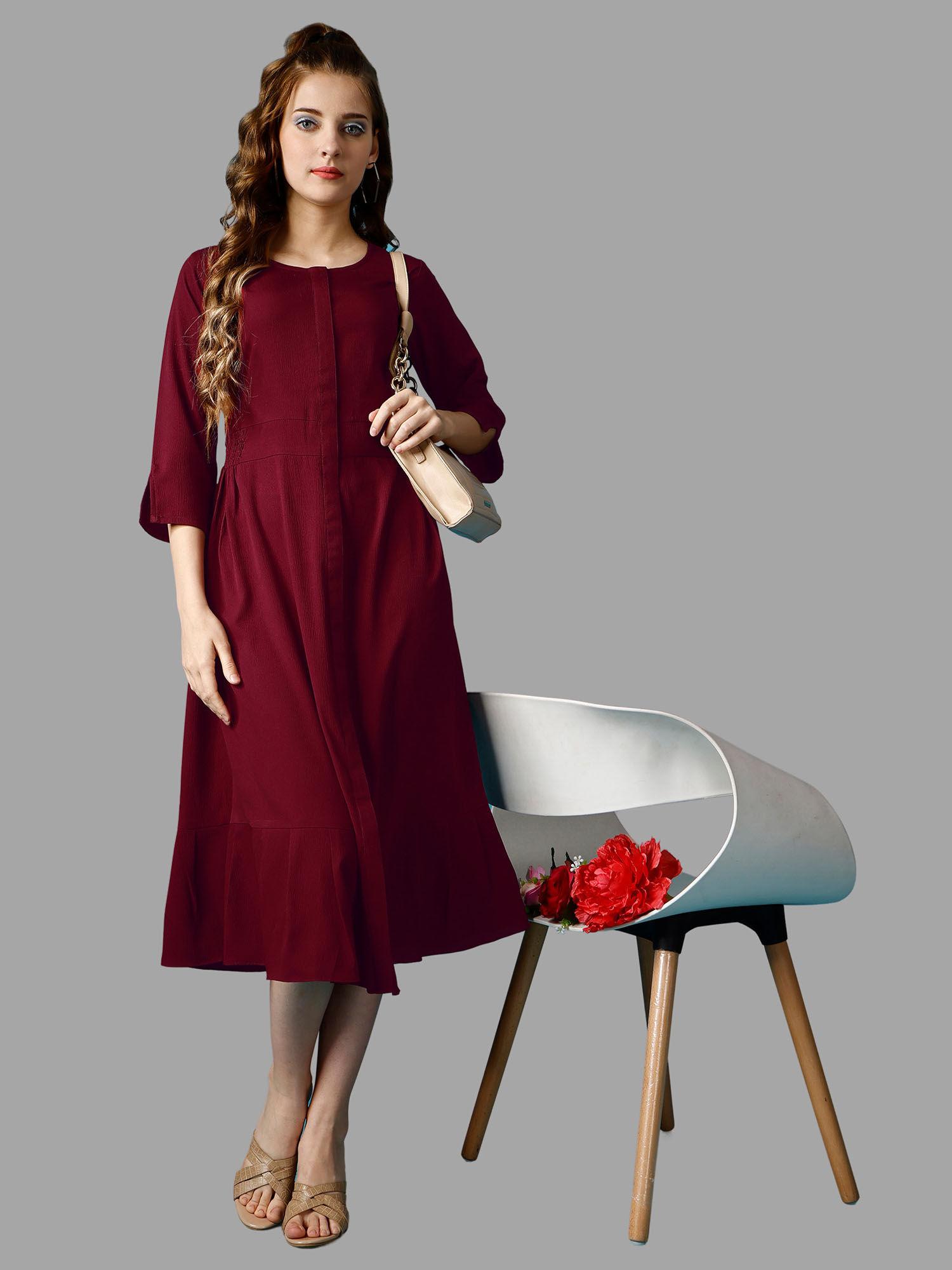 maroon solid three fourth sleeves midi dress for women