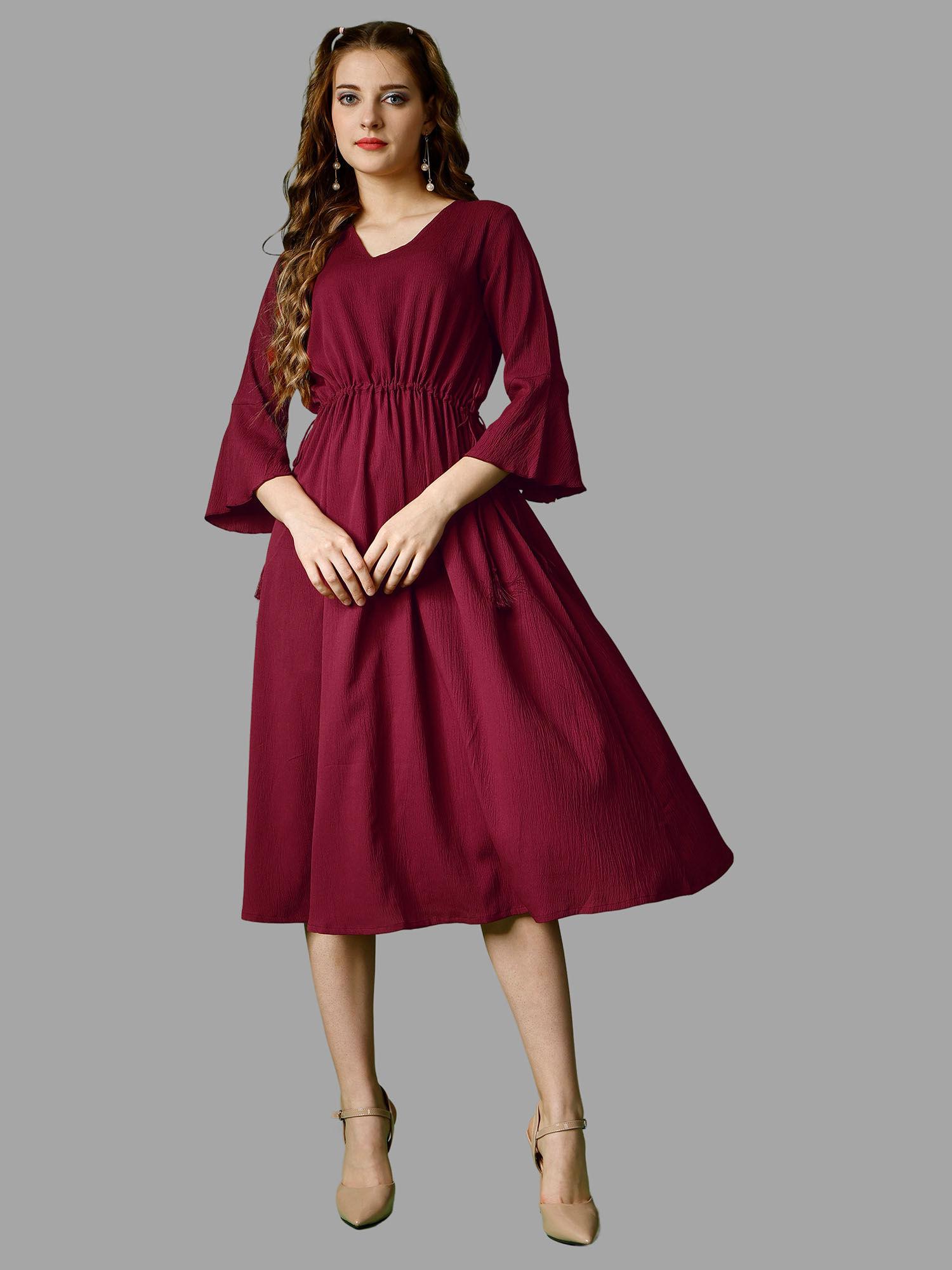 maroon solid three fourth sleeves midi dress for women