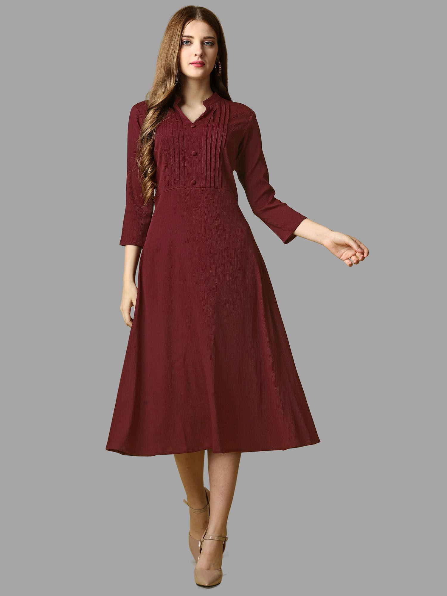 maroon solid three fourth sleeves midi dress for women