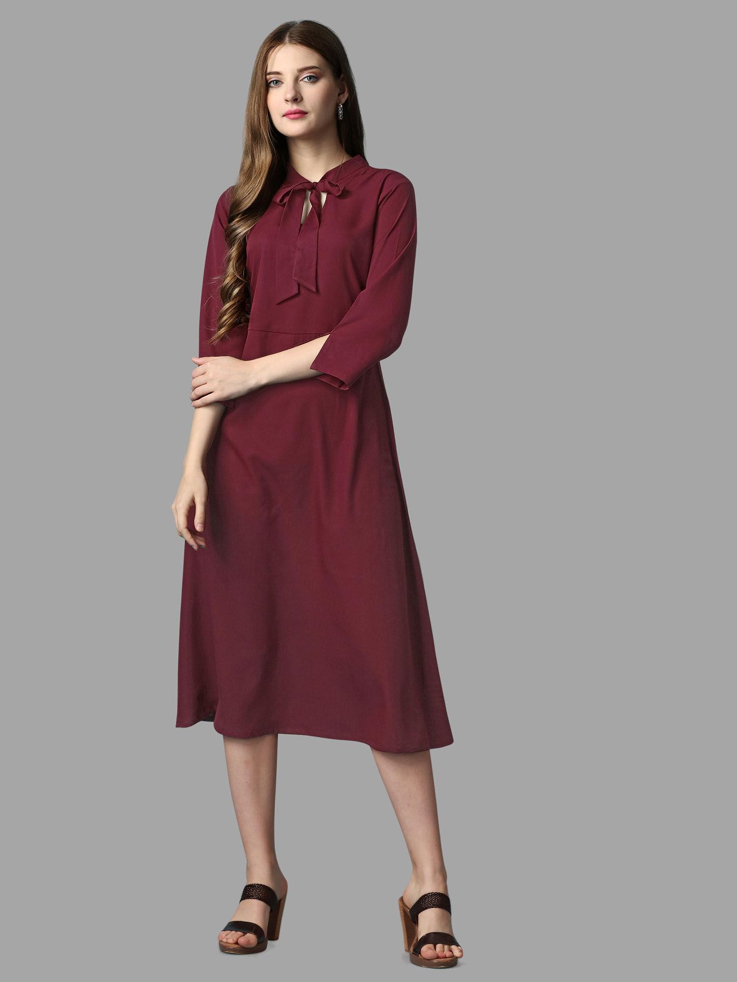 maroon solid three fourth sleeves midi dress for women