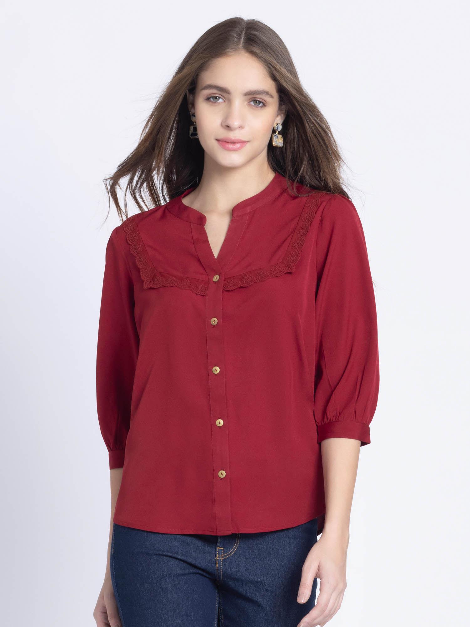 maroon solid three-quarter sleeves casual shirt for women