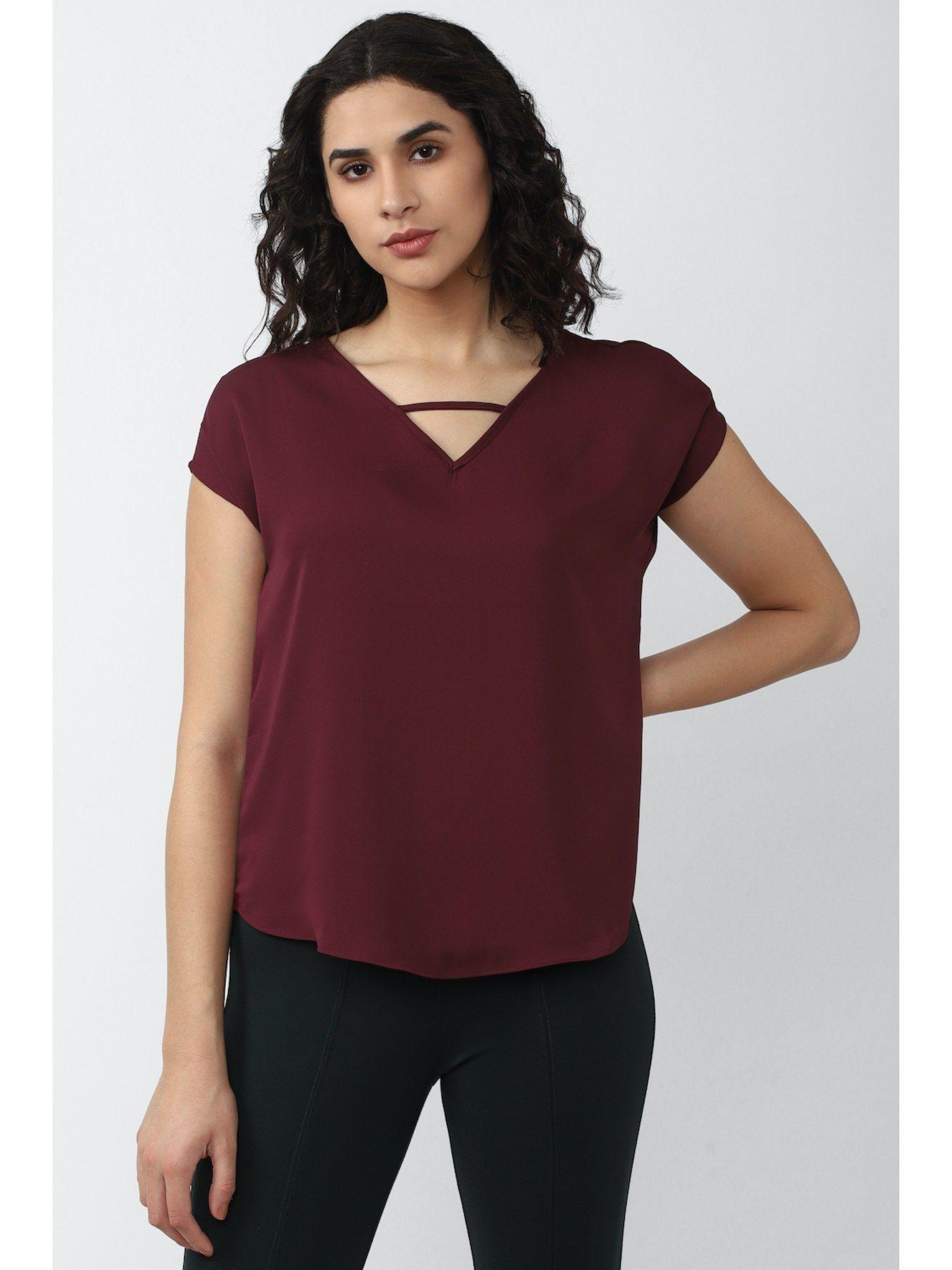 maroon solid v-neck top