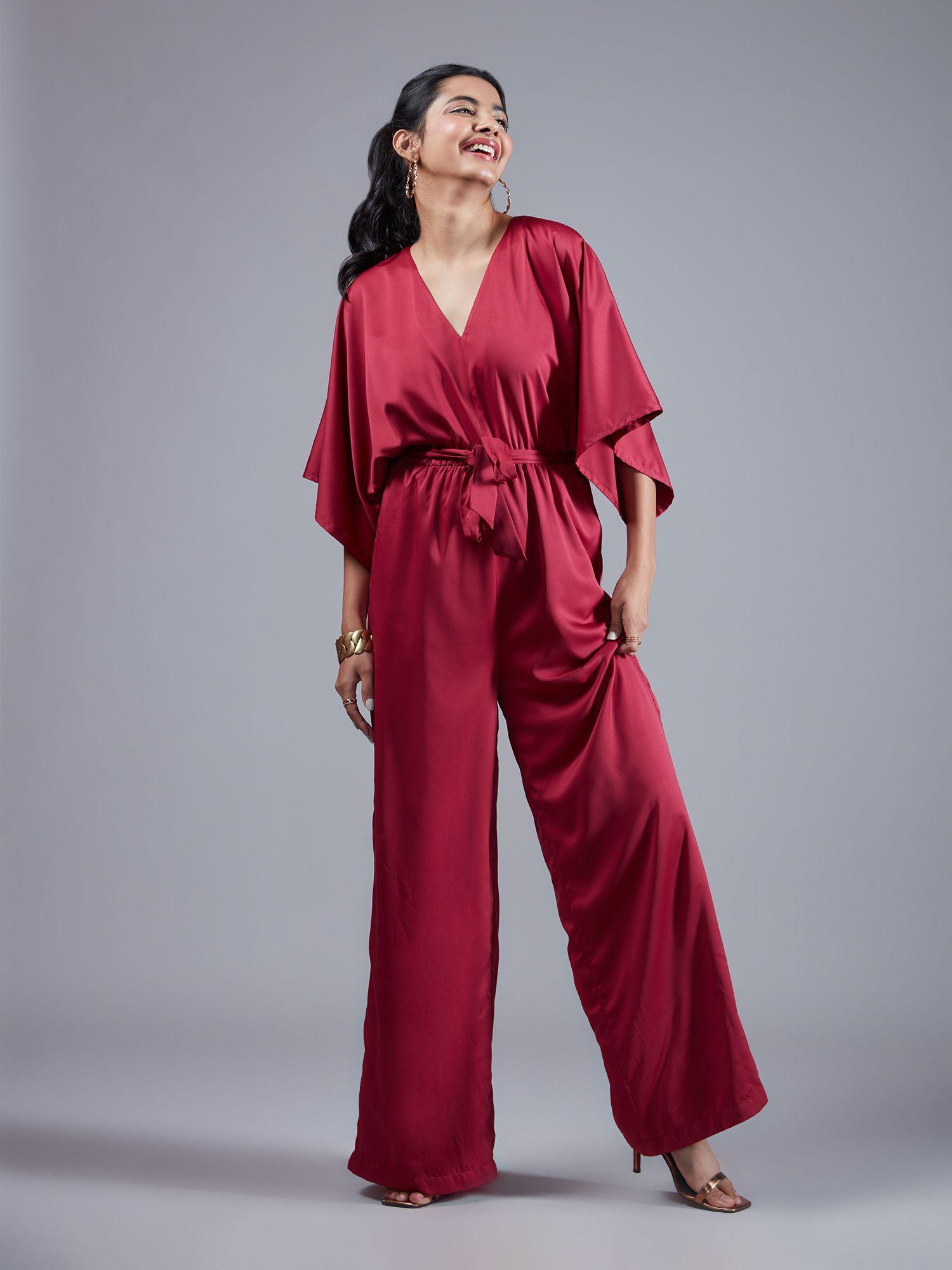 maroon solid v neck wide leg jumpsuit (set of 2)