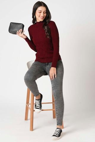 maroon solid viscose high neck women slim fit sweaters
