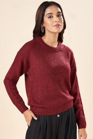 maroon solid winter wear full sleeves round neck women regular fit  sweater