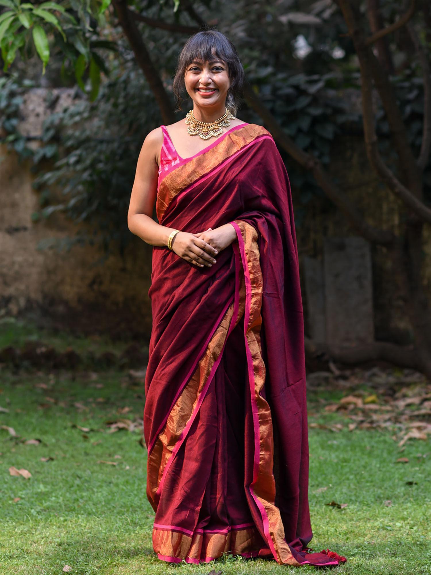 maroon solid woven design liva saree