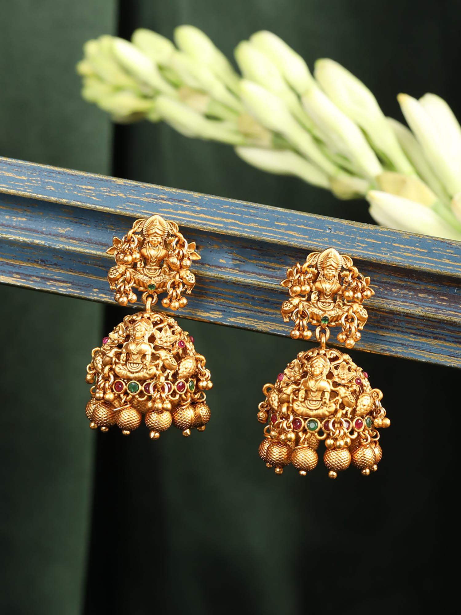 maroon stones gold plated temple jhumka earring