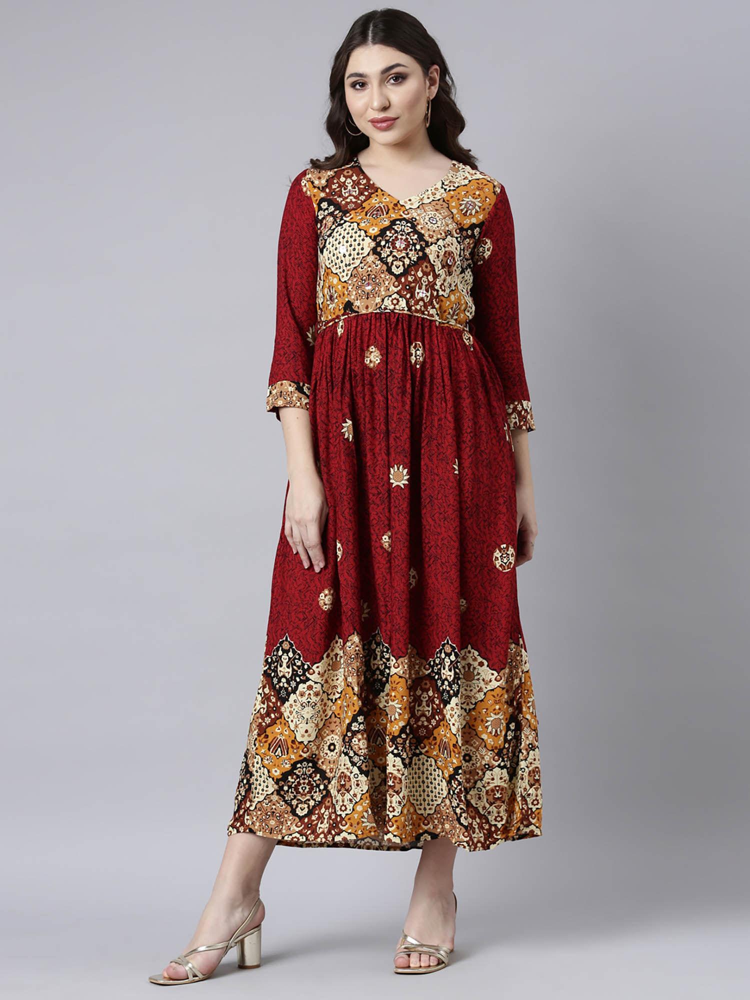 maroon straight casual printed maxi dress