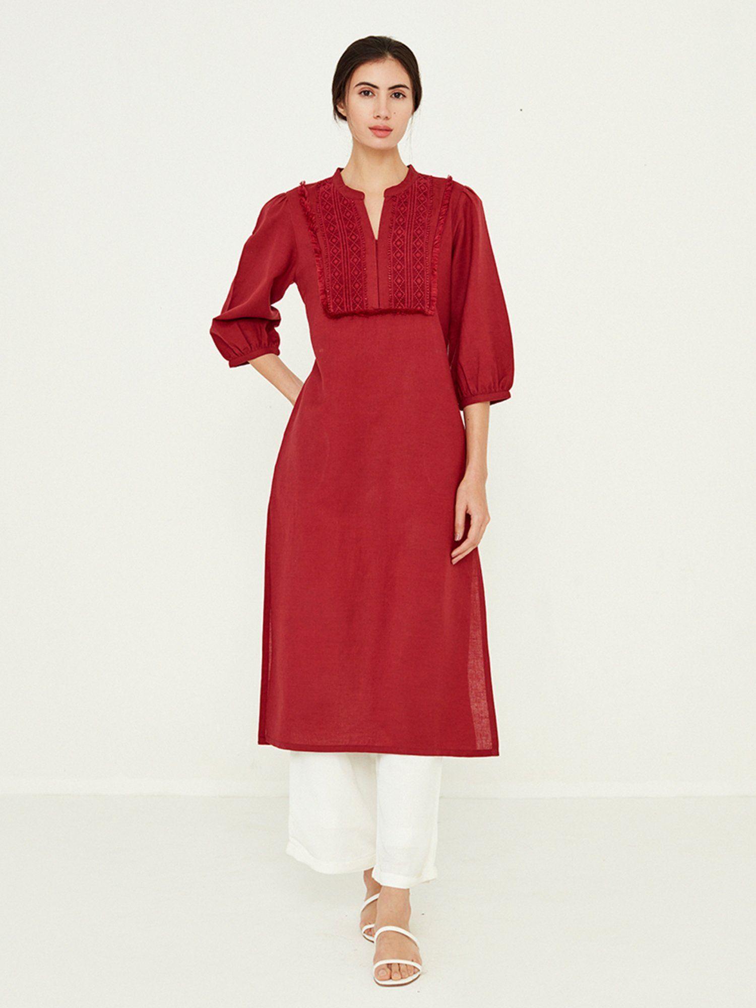 maroon straight solid kurta