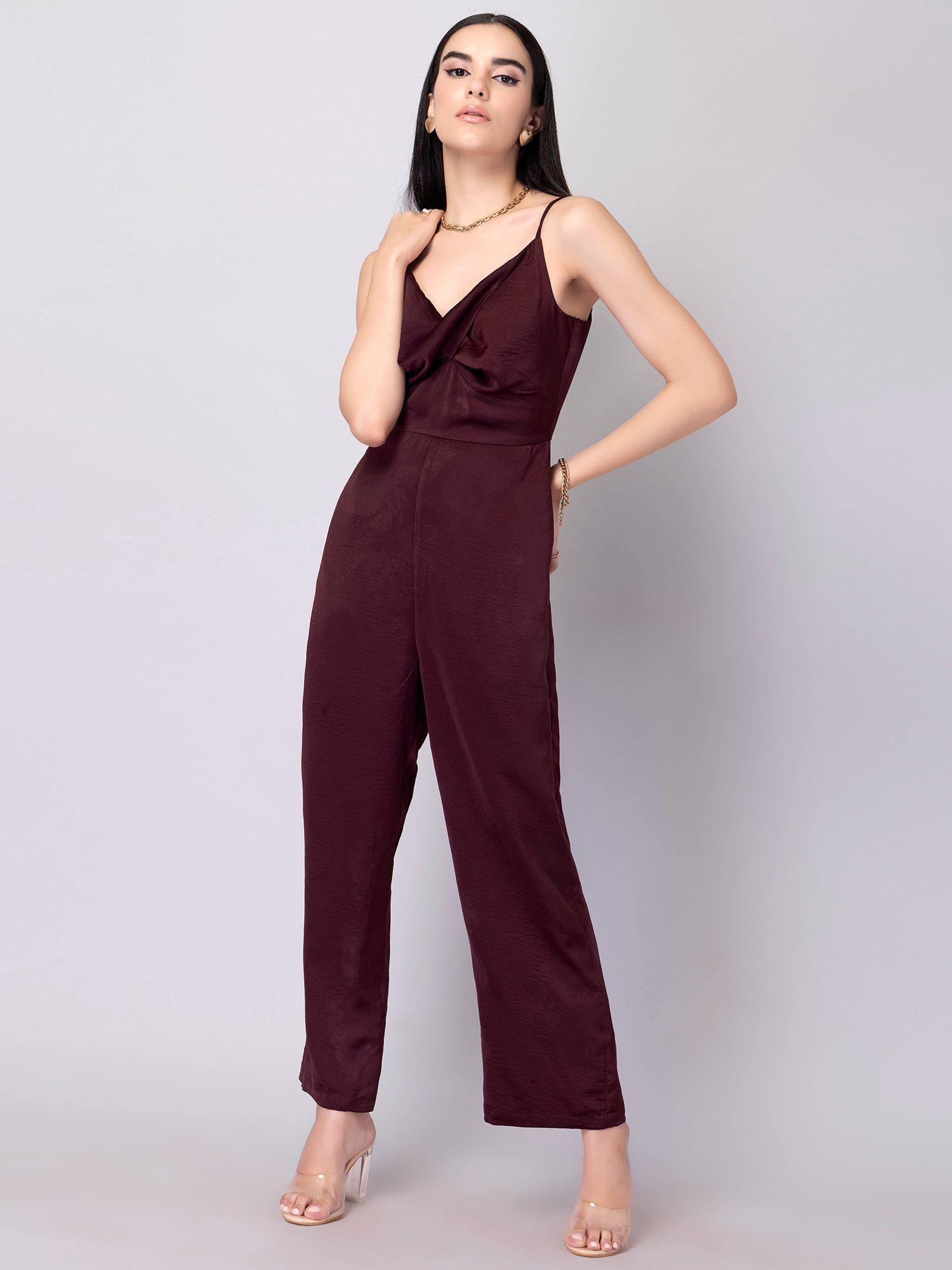 maroon strappy front knot jumpsuit