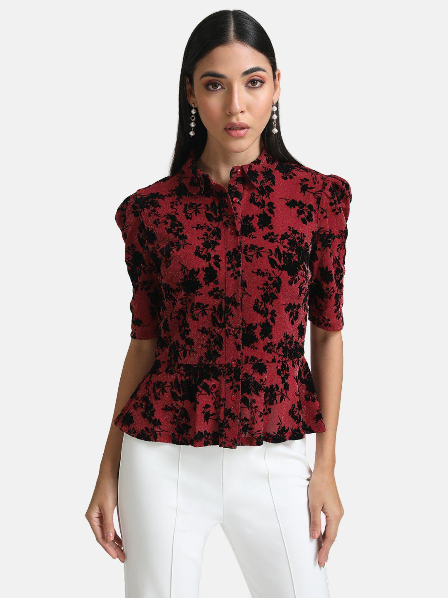 maroon stretchable printed shirt with peplum