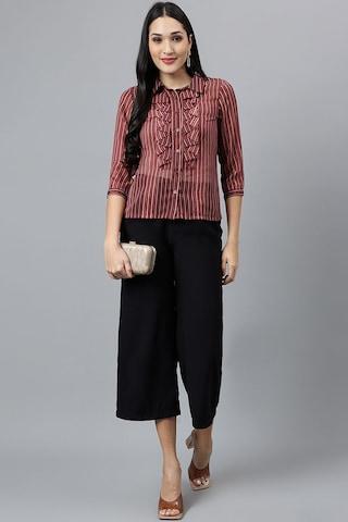 maroon stripe casual 3/4th sleeves regular collar women regular fit top