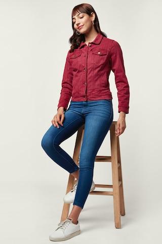 maroon stripe casual full sleeves regular collar women regular fit jacket