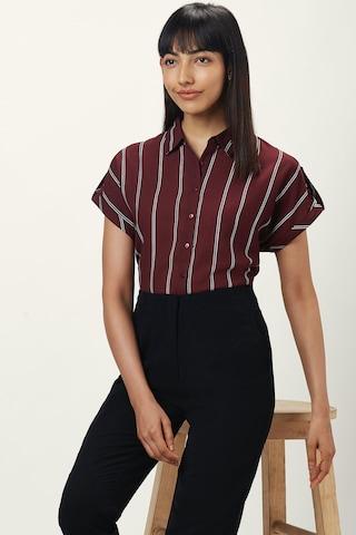 maroon stripe formal half sleeves regular collar women comfort fit shirt