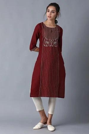 maroon stripe print straight kurta with embroidery