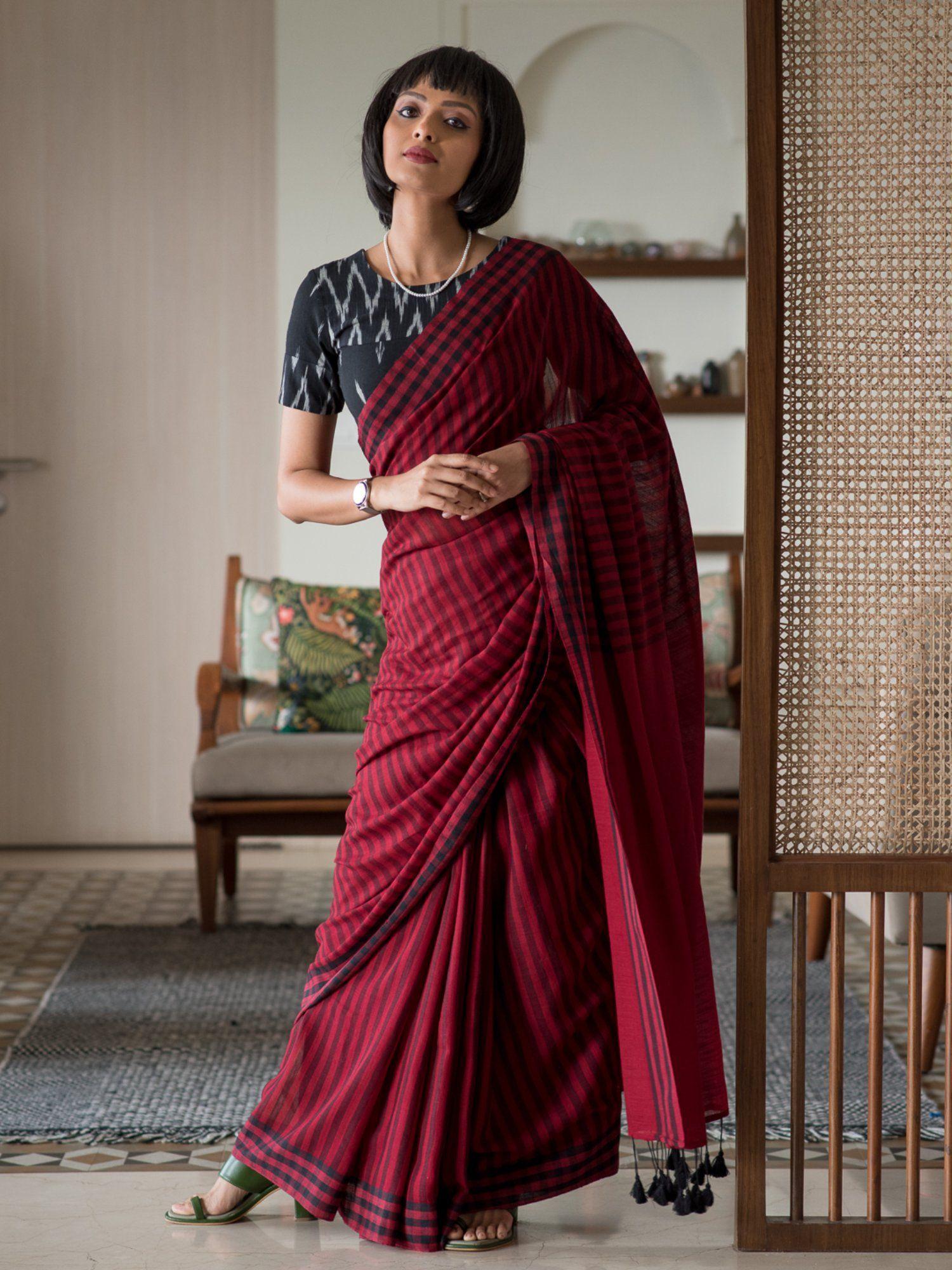 maroon stripe pure cotton saree with unstitched blouse