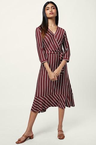 maroon stripe v neck formal calf-length 3/4th sleeves women regular fit dress