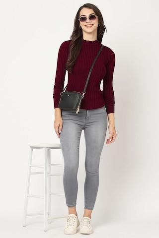 maroon stripe viscose round neck women slim fit sweaters