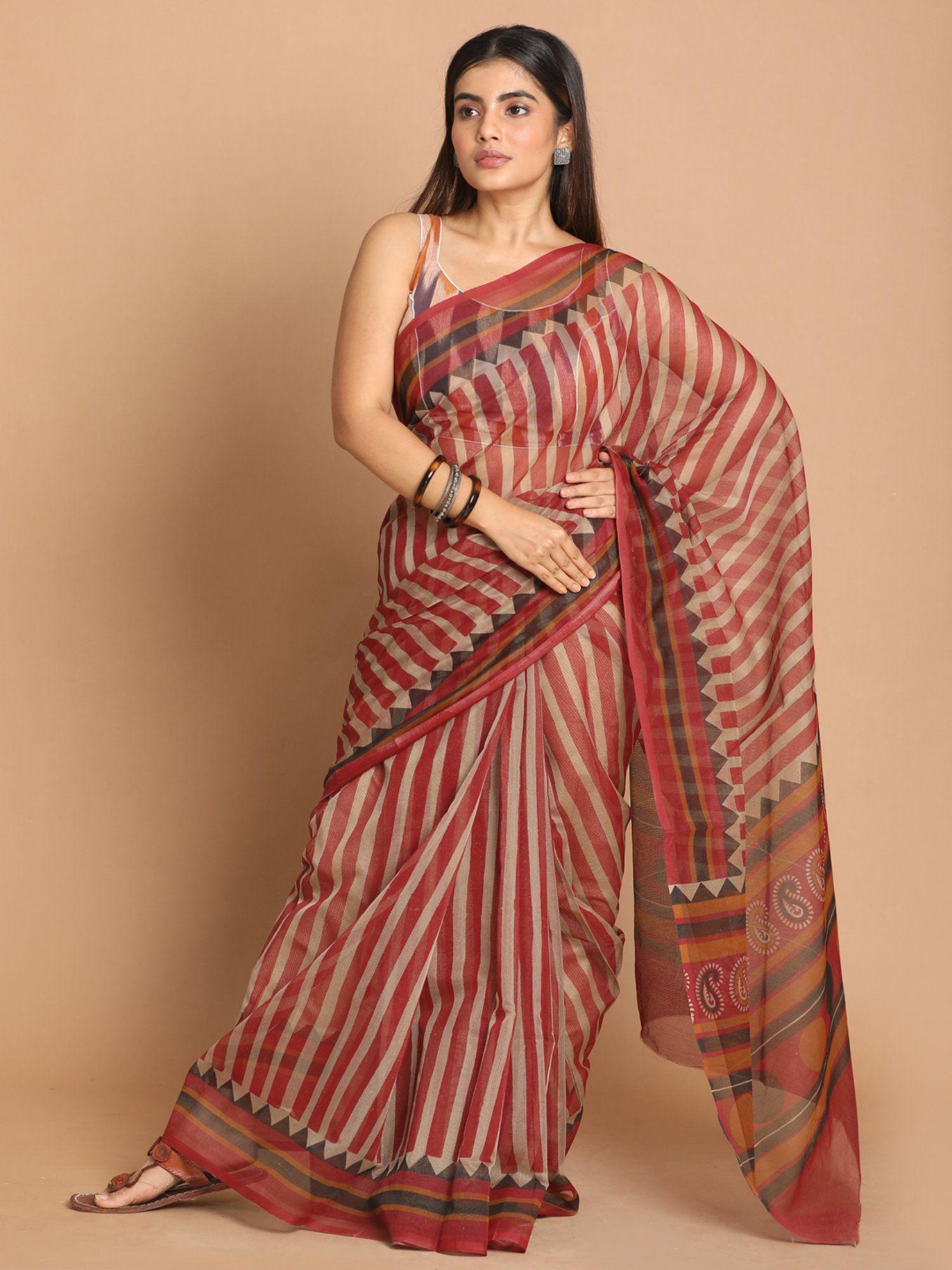 maroon stripes cotton blend saree with unstitched blouse