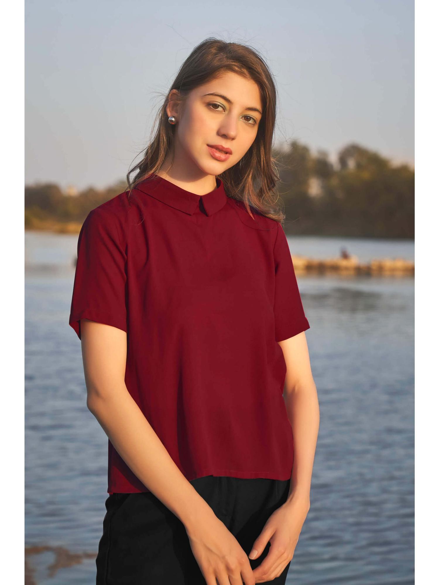 maroon styled high neck back button top