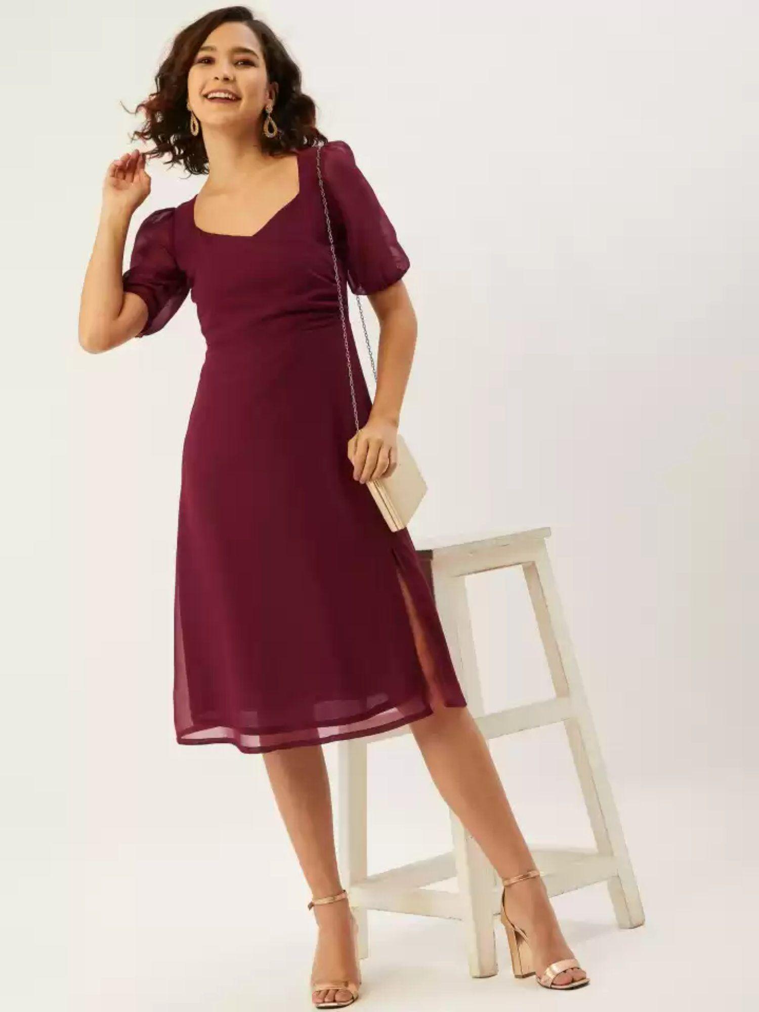 maroon sweetheart neck wrap dress