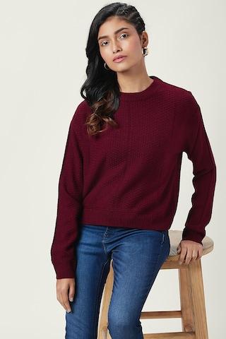 maroon textured casual full sleeves crew neck women regular fit sweater