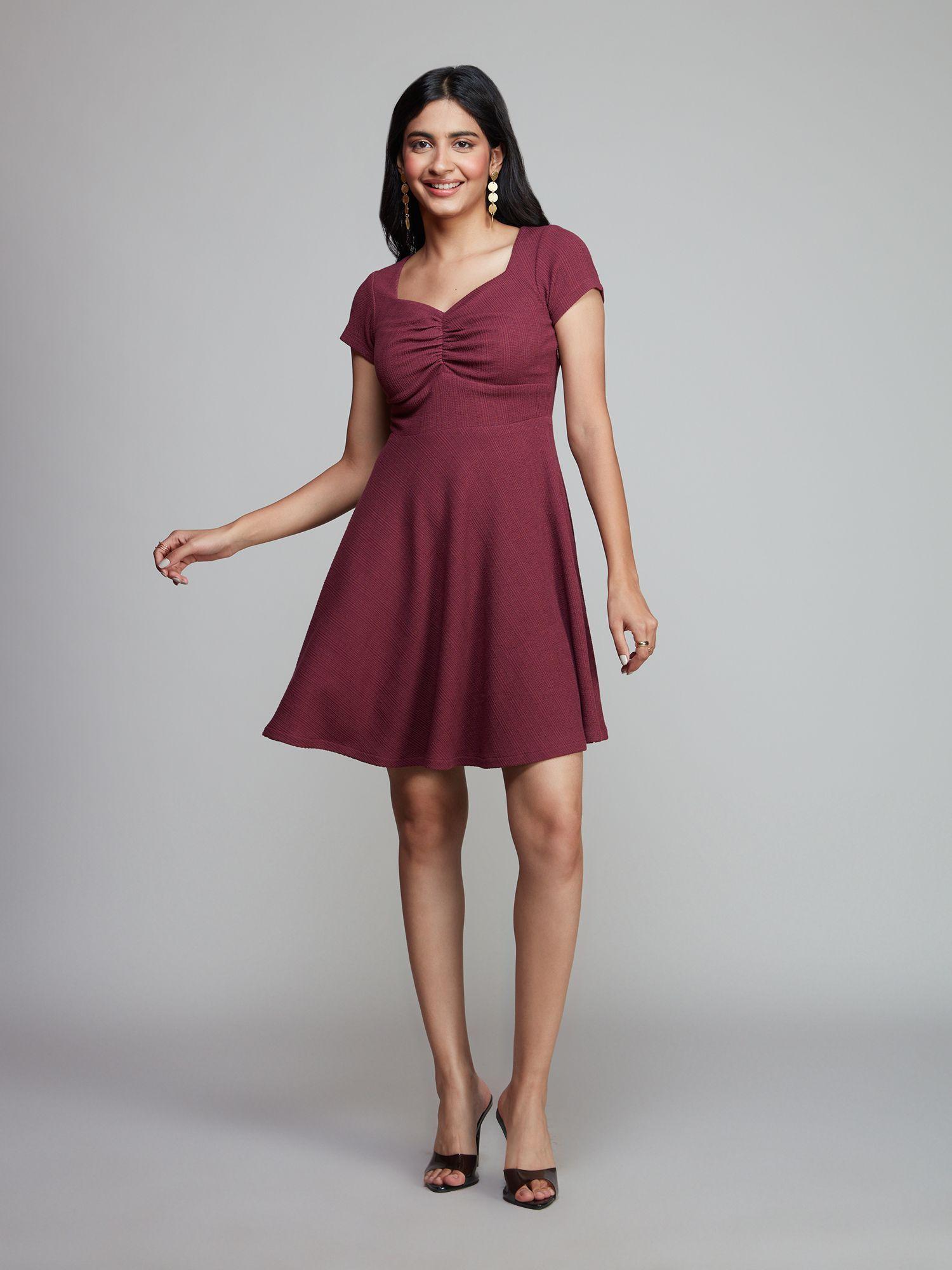 maroon textured casual short dress