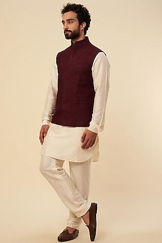 maroon textured cotton silk nehru jacket