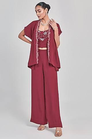 maroon textured crepe hand embroidered cape set