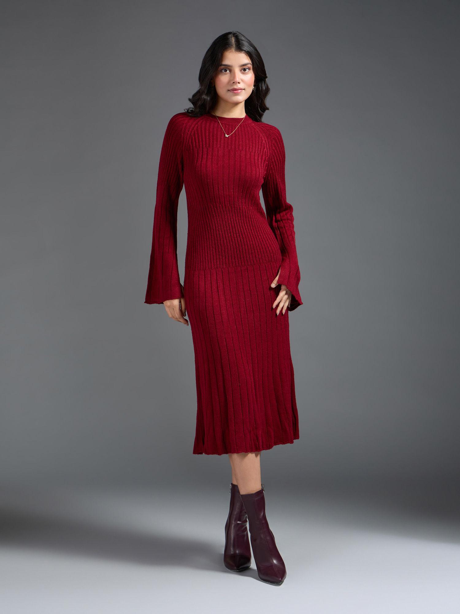 maroon textured fit and flare midi sweater dress