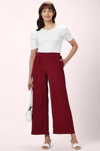 maroon textured full length casual women regular fit trouser