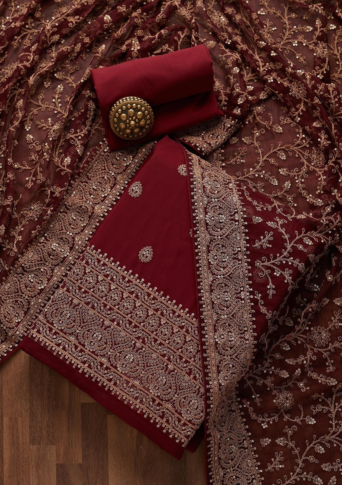 maroon threadwork georgette unstitched salwar suit