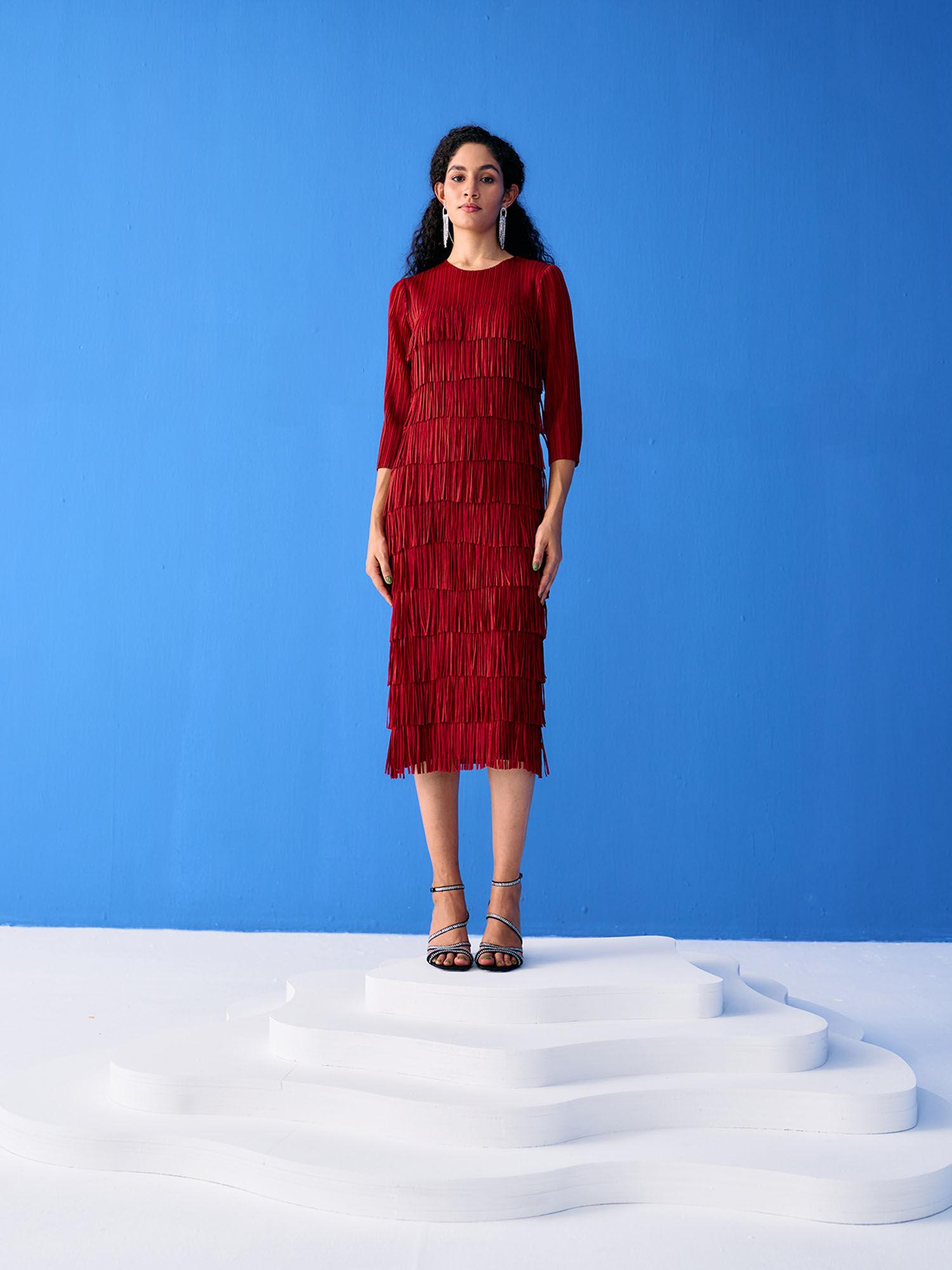 maroon three fourth sleeves fringe dress