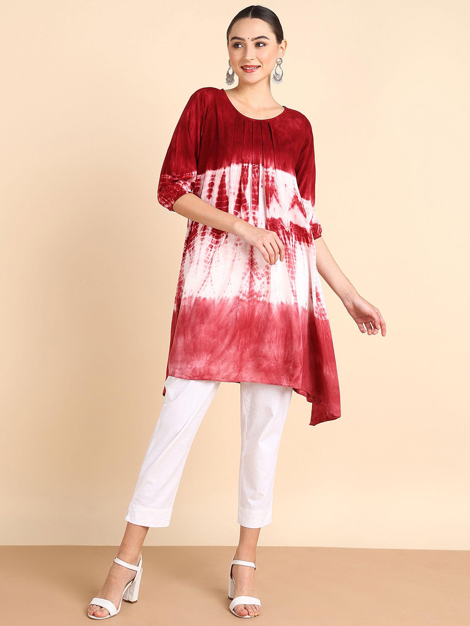 maroon tie-dyed pleated kurta