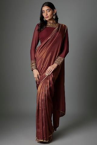 maroon tissue georgette crystal embellished draped saree set