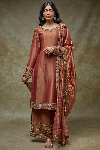 maroon tissue georgette embellished kurta set